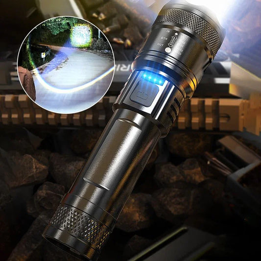 Premium LED flashlight for auto tools and homeware, displaying powerful beam and blue indicator lights