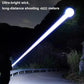 Person using ultra-bright long-range flashlight outdoors at night, powerful beam visible