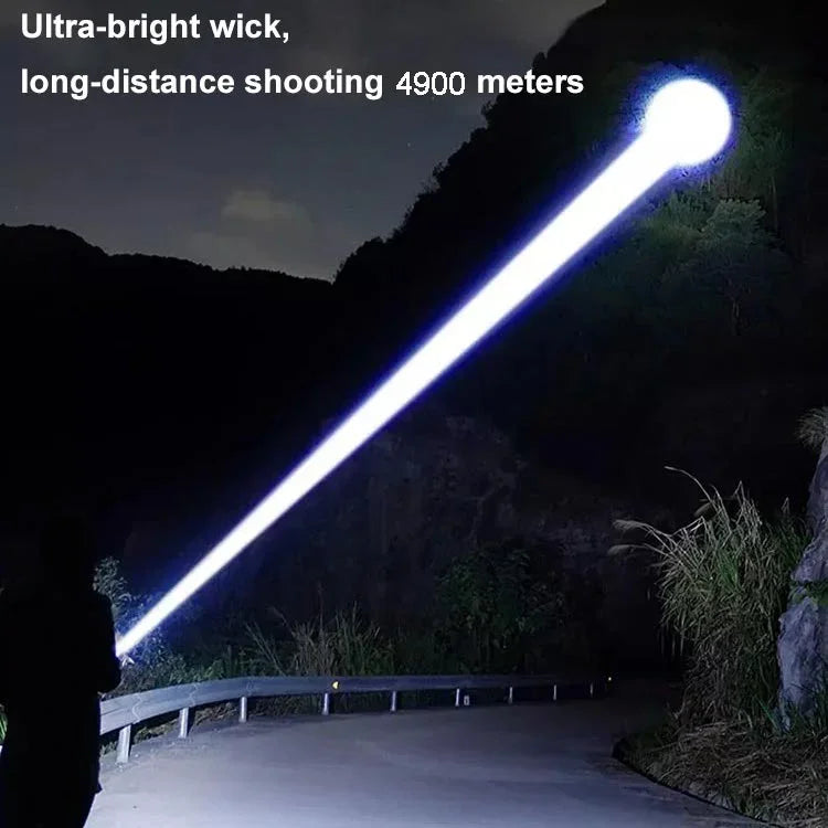 Person using ultra-bright long-range flashlight outdoors at night, powerful beam visible