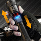 Hand holding rechargeable LED flashlight with zoom focus, clarioy premium auto tool