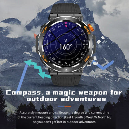 Outdoor smartwatch with digital compass feature, displayed against a mountain background, clarioy premium auto tool and homeware shop.