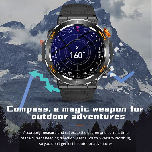 Outdoor smartwatch with digital compass feature, displayed against a mountain background, clarioy premium auto tool and homeware shop.