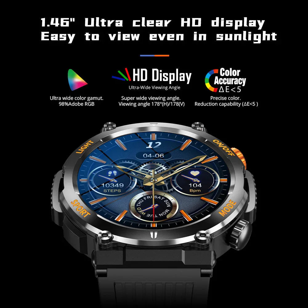 1.46-inch ultra clear HD smart watch display, blue dial, fitness tracking, clarioy electronics