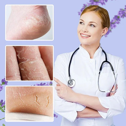Dermatologist with stethoscope and dry cracked skin close-ups, clarioy skincare promotion