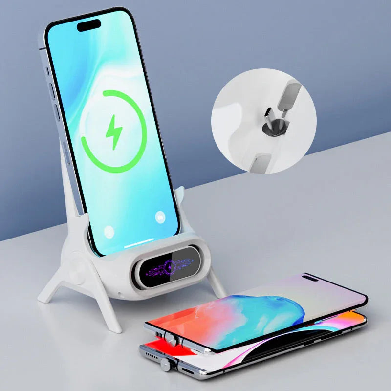 Wireless phone charging stand with digital display on modern desktop, clarioy electronics
