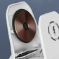 Close-up of a clarioy wireless charging pad with copper coil and lightning bolt symbol