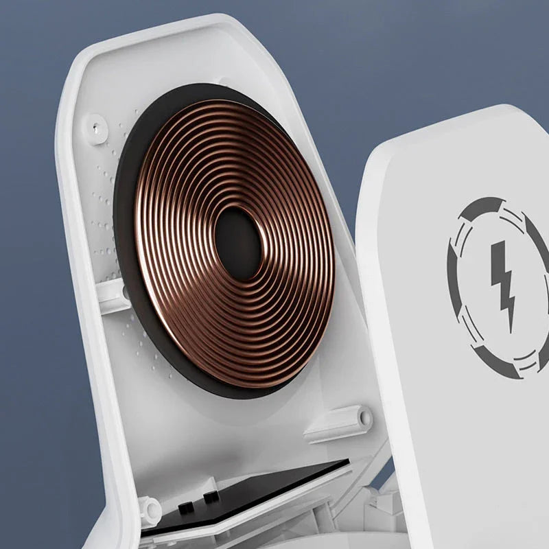 Close-up of a clarioy wireless charging pad with copper coil and lightning bolt symbol