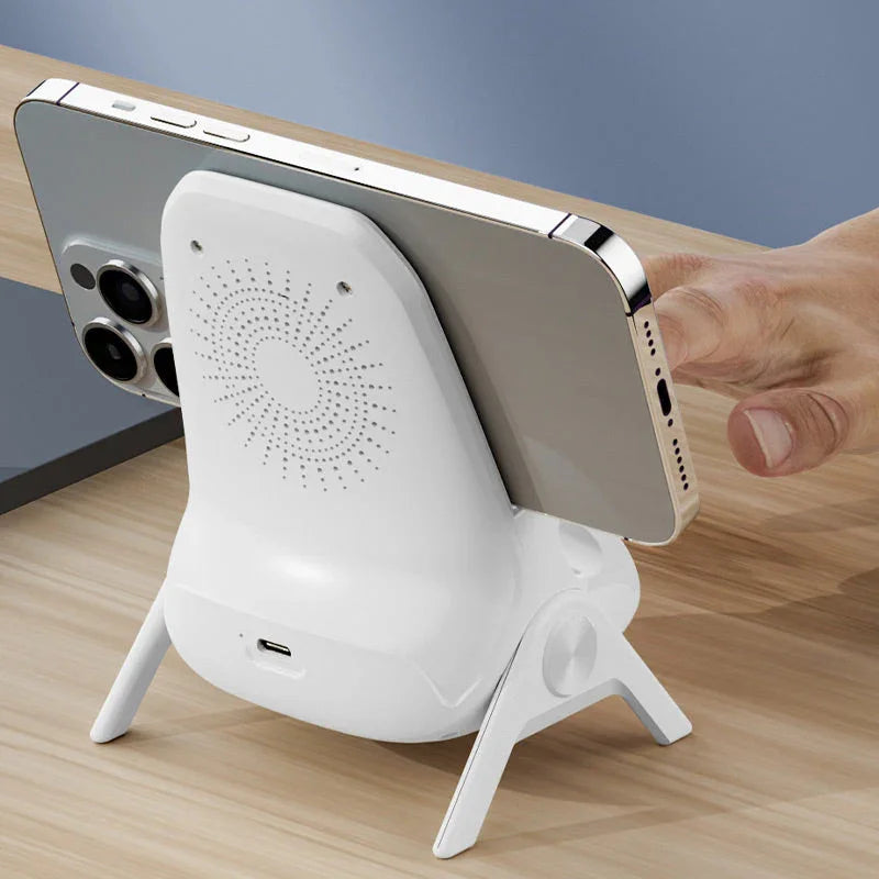 Wireless phone stand with iPhone on desk, modern clarioy home and electronics accessory