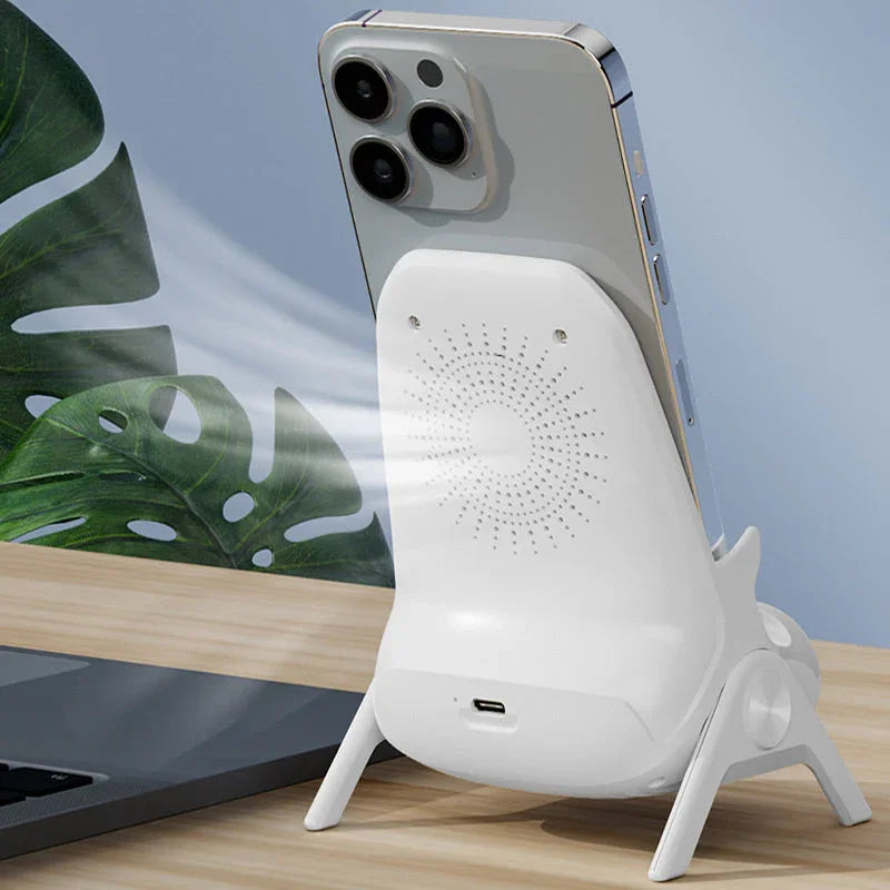 White phone cooling stand with airflow holding a smartphone on a desk near a laptop, clarioy electronics