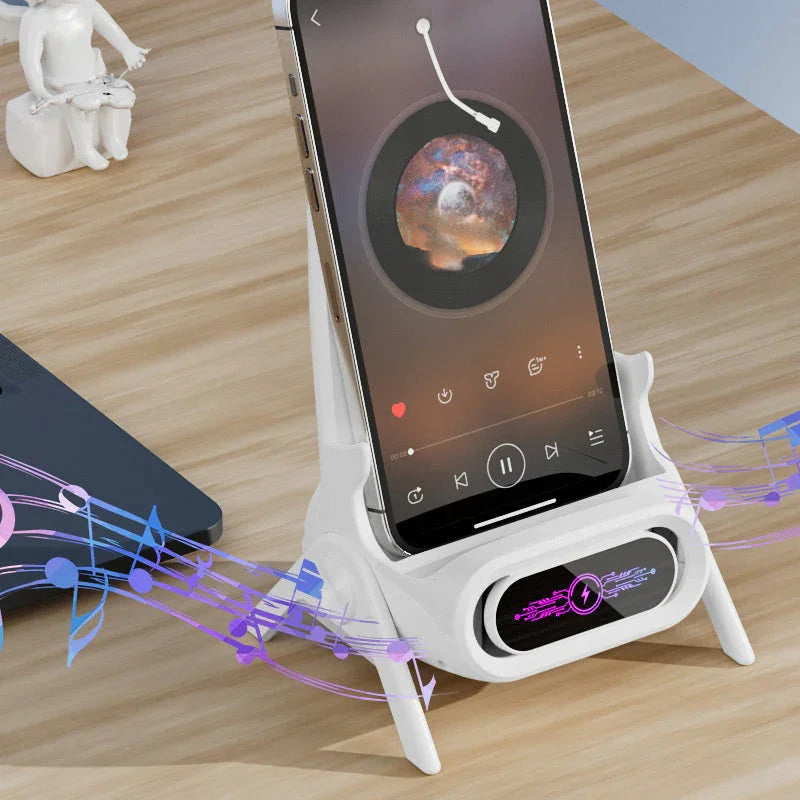 Wireless charging phone stand with music notes on a wood desk, clarioy electronics