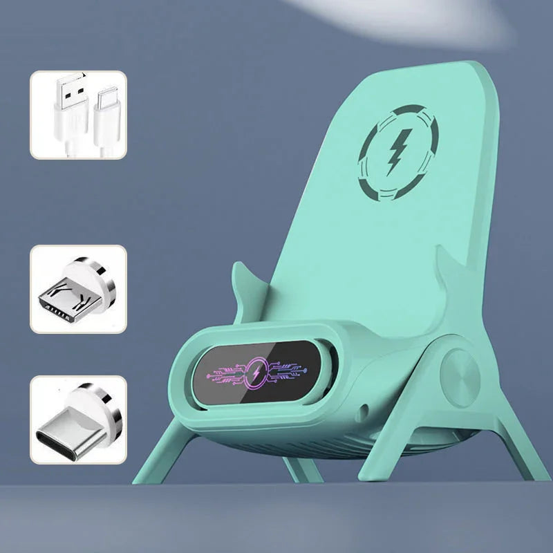 Mint green wireless charging stand for devices with USB, micro-USB, and USB-C connectors