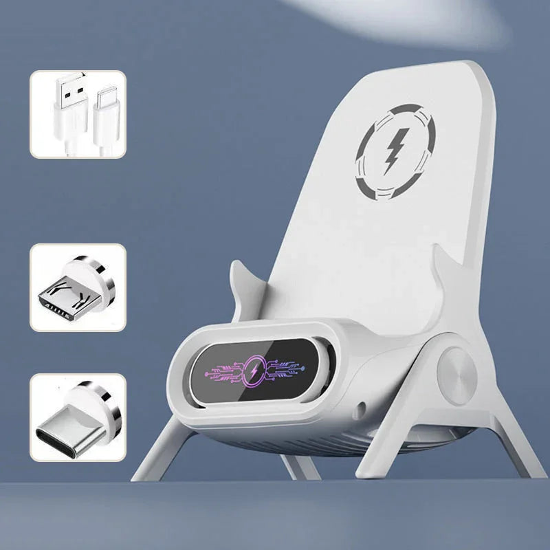 Clarioy wireless charging stand with USB, micro USB, and USB-C connectors on blue background