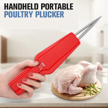 Handheld portable poultry plucker tool with red handle, whole chicken on cutting board in kitchen