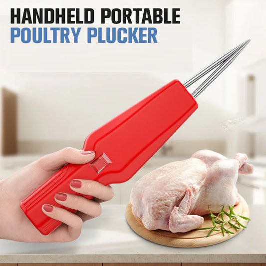 Handheld portable poultry plucker tool with red handle, whole chicken on cutting board in kitchen