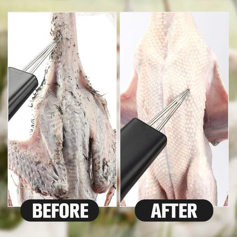 Before and after using a poultry feather removal tool on a raw duck, demonstrating cleaning efficiency