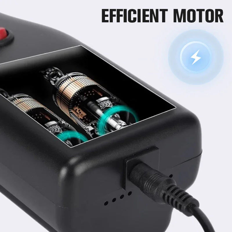 Close-up of efficient motor in a black electronic device, charging via cable, clarioy auto tools