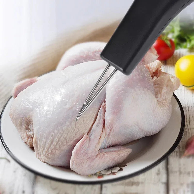 Digital meat thermometer piercing raw chicken on plate, kitchen tools by clarioy