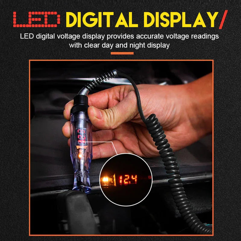 Hand using clarioy LED digital voltage tester tool with clear red display in auto repair setting