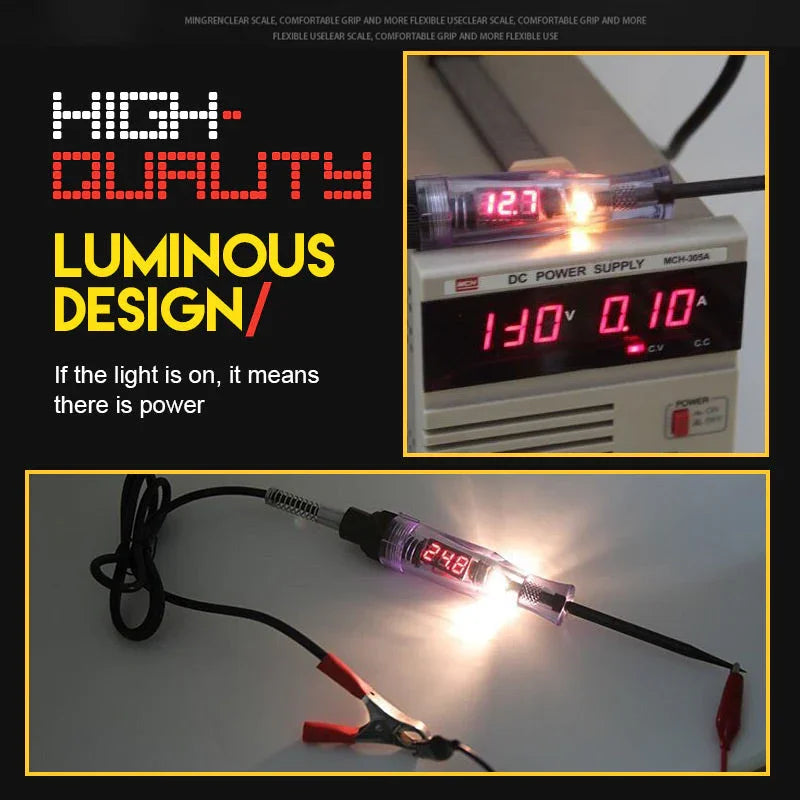 Digital automotive circuit tester with luminous design, voltage display, and power indicator light from clarioy auto tools.