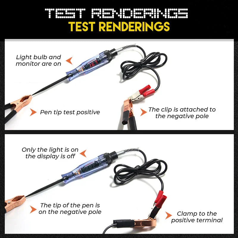 Clarioy digital automotive circuit tester with LED display showing test modes and cable clamps.