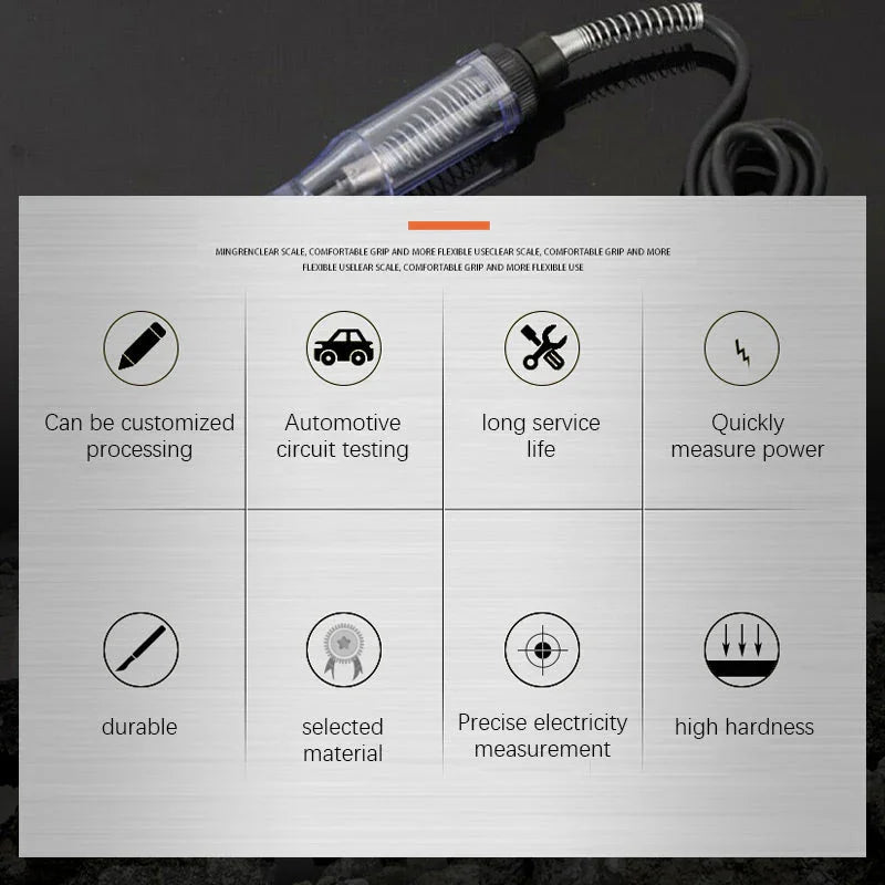 Automotive circuit tester tool with icons highlighting durable, precise electricity measurement, and quick power testing features.