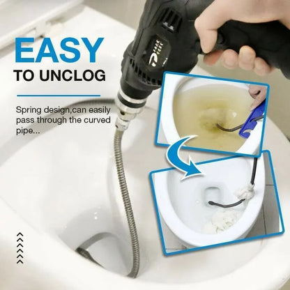 Electric drain auger unclogging a toilet, demonstrating easy pipe cleaning tool from clarioy.