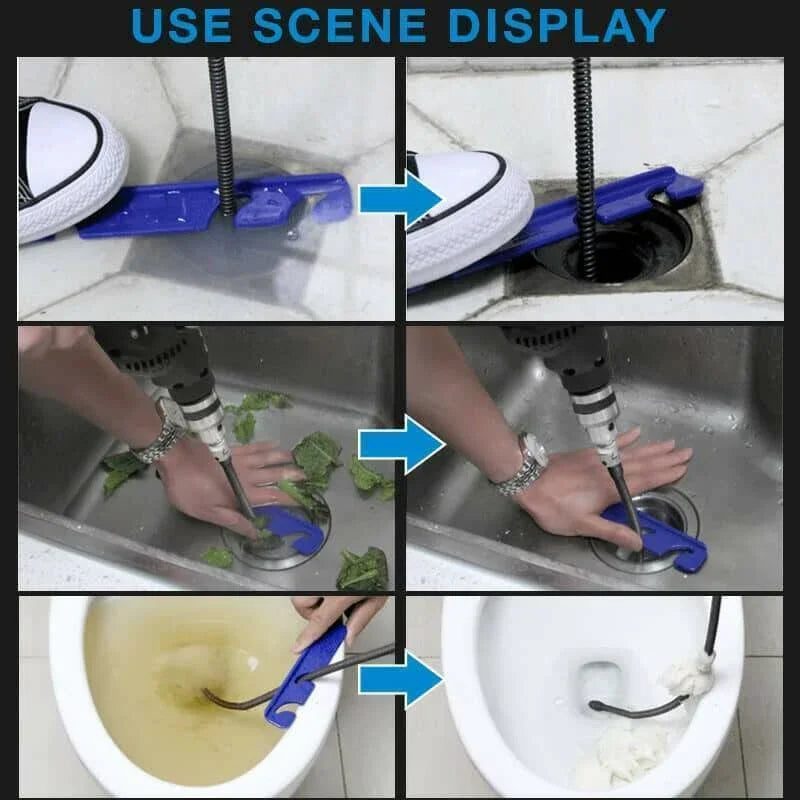 Clarioy drain auger tool unclogging sink and toilet, cleaning pipes in kitchen and bathroom.