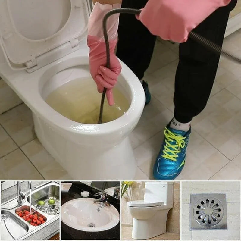 Person using drain snake tool to unclog toilet, with sink, basin, and drain images below