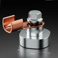 Close-up of premium metal car battery terminal connector, 17mm and 37mm dimensions shown, on black background