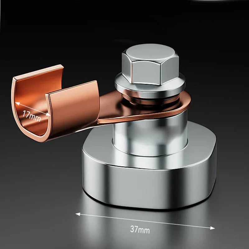 Close-up of premium metal car battery terminal connector, 17mm and 37mm dimensions shown, on black background