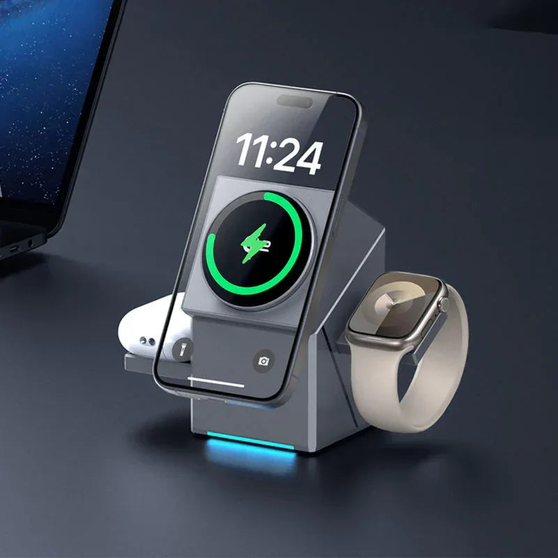 clarioy 3-in-1 wireless charging station for iPhone, Apple Watch, and AirPods on desk