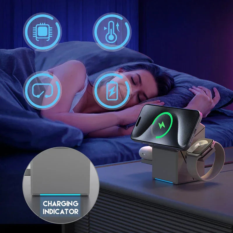 Woman sleeping beside nightstand with clarioy 3-in-1 wireless charging station powering phone, smartwatch, earbuds; charging indicator visible, tech icons floating above.