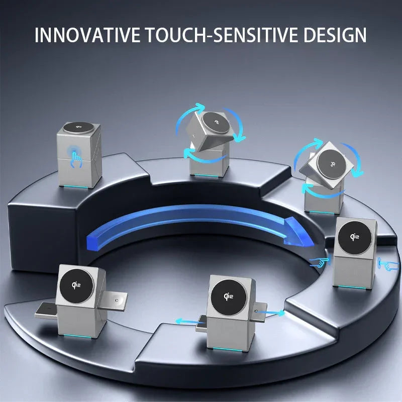 Clarioy innovative touch-sensitive wireless charger with Qi2 technology, rotating design.