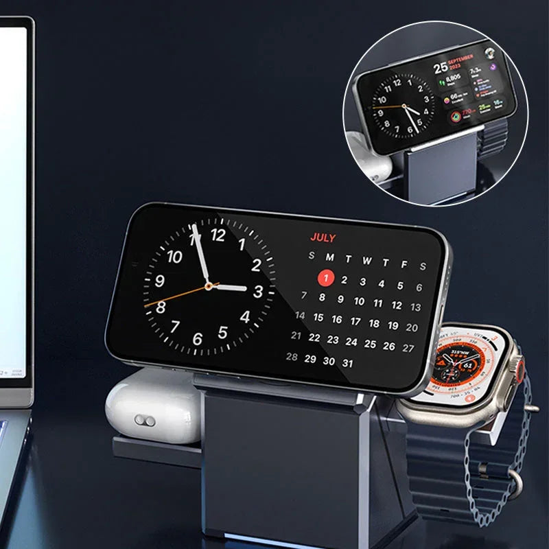 Wireless charging stand on desk holding smartphone with clock and calendar display, Apple Watch, and AirPods. Premium electronics from clarioy.