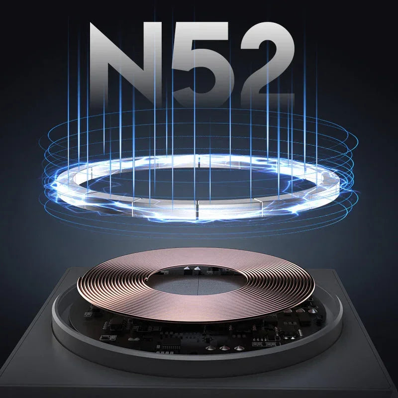 N52 magnet and copper coil wireless charging technology on black background, clarioy electronics
