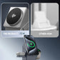 Clarioy 15W Qi2 wireless charger stand with iPhone, earbuds, and watch, premium auto tools accessory.