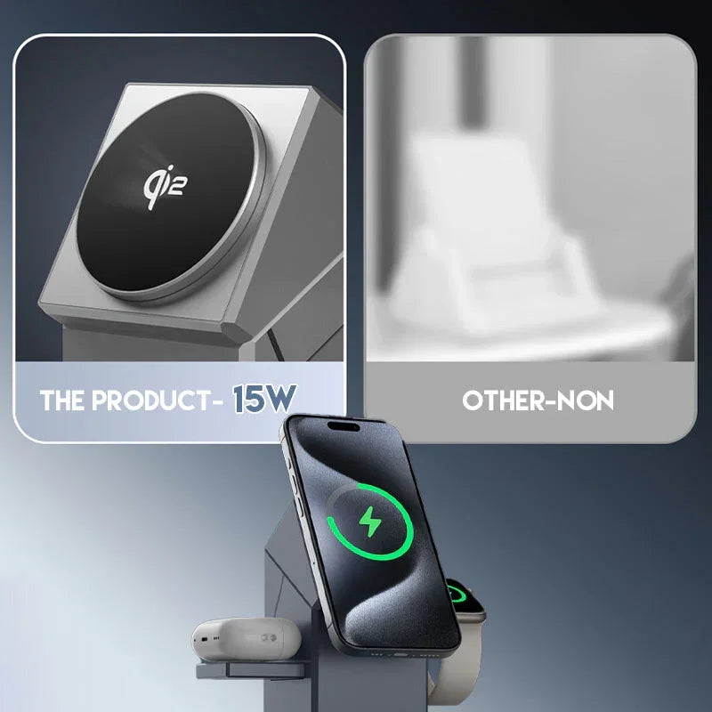 Clarioy 15W Qi2 wireless charger stand with iPhone, earbuds, and watch, premium auto tools accessory.