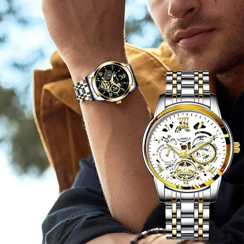 Stylish man wearing a silver and gold skeleton wristwatch, premium men's watch by clarioy