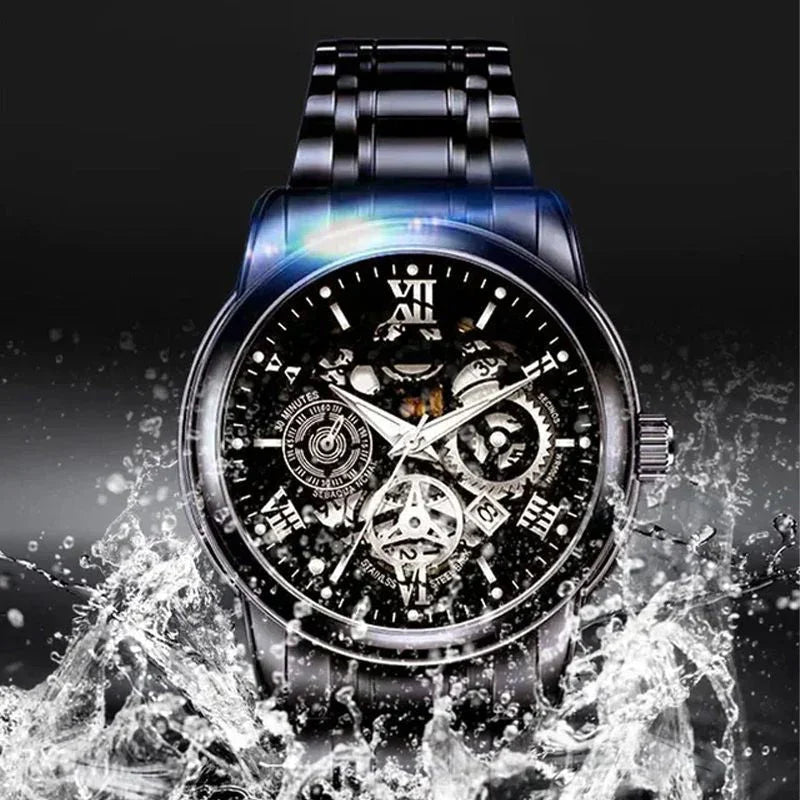 Luxury black skeleton automatic watch with visible gears, metal band, and water splash effect