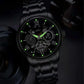Black stainless steel skeleton watch with luminous green hands and markers, clarioy accessories