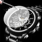 Scratch-resistant glass screen protector being applied to black luxury skeleton watch, clarioy
