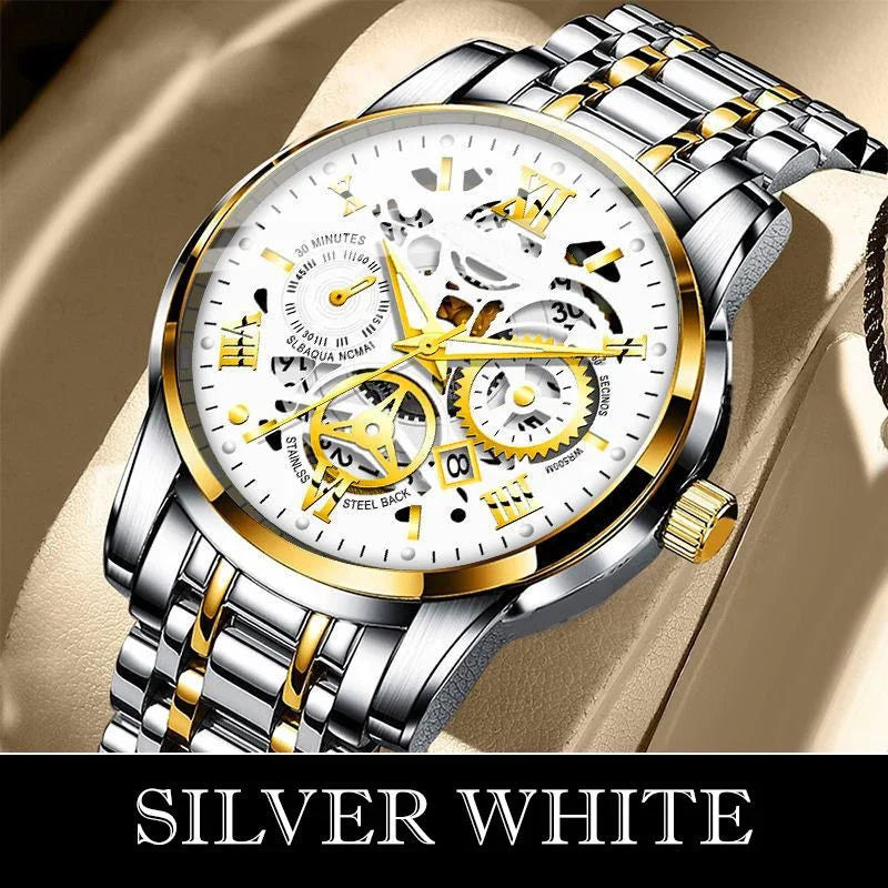 Clarioy silver and gold skeleton automatic watch with white dial, exposed gears, luxury style