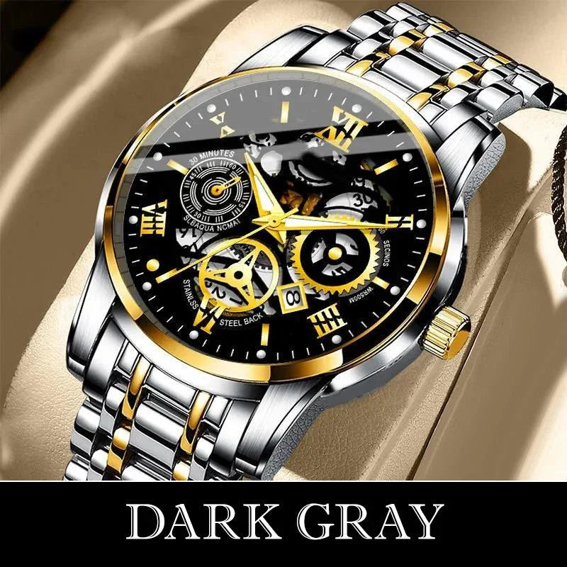 Luxury dark gray wristwatch with gold accents, stainless steel band, and exposed gears on display