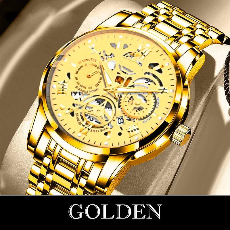 Luxury golden mechanical wristwatch with skeleton dial on gold metal band, premium auto tool accessory