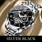 Silver black skeleton dial watch with stainless steel band, premium men's accessory from clarioy