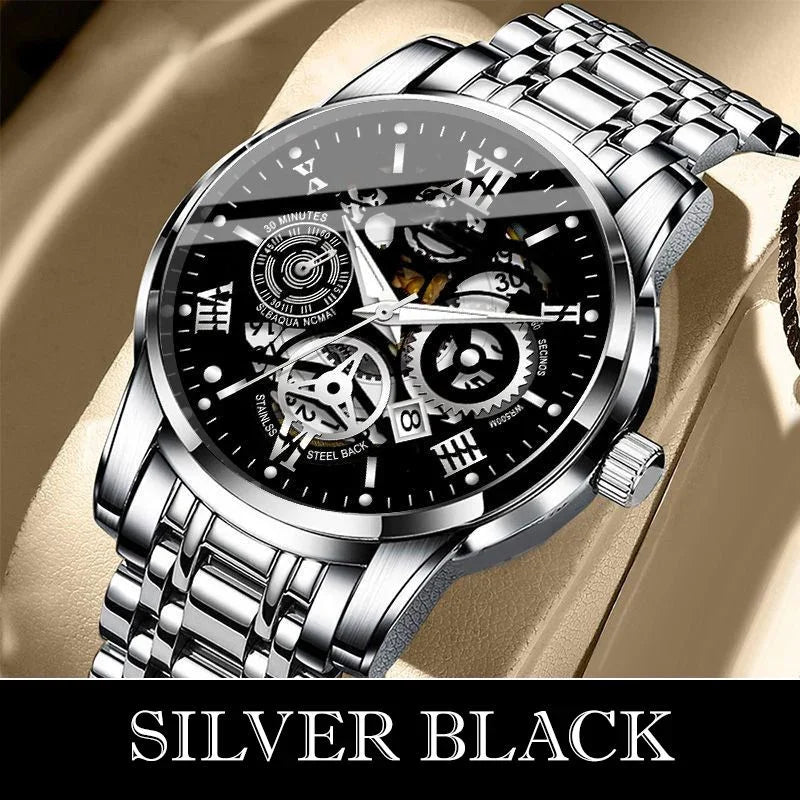 Silver black skeleton dial watch with stainless steel band, premium men's accessory from clarioy