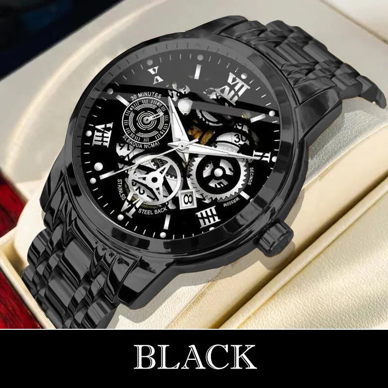 Black mechanical wristwatch with skeleton dial and metal band on display at clarioy store