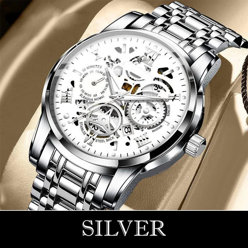 Silver stainless steel skeleton watch with visible gears on cushion, luxury wristwatch by clarioy