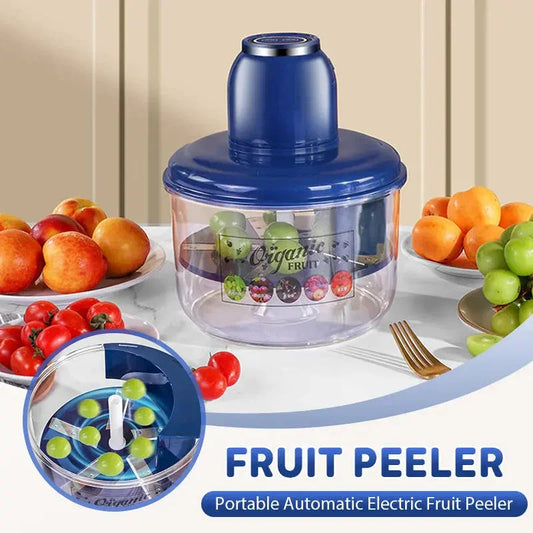 Clarioy portable automatic electric fruit peeler on kitchen table with assorted fruits.