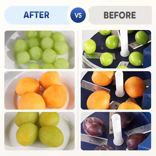 Before and after comparison of automatic fruit peeler results on green grapes, oranges, and plums for Clarioy kitchen tools.